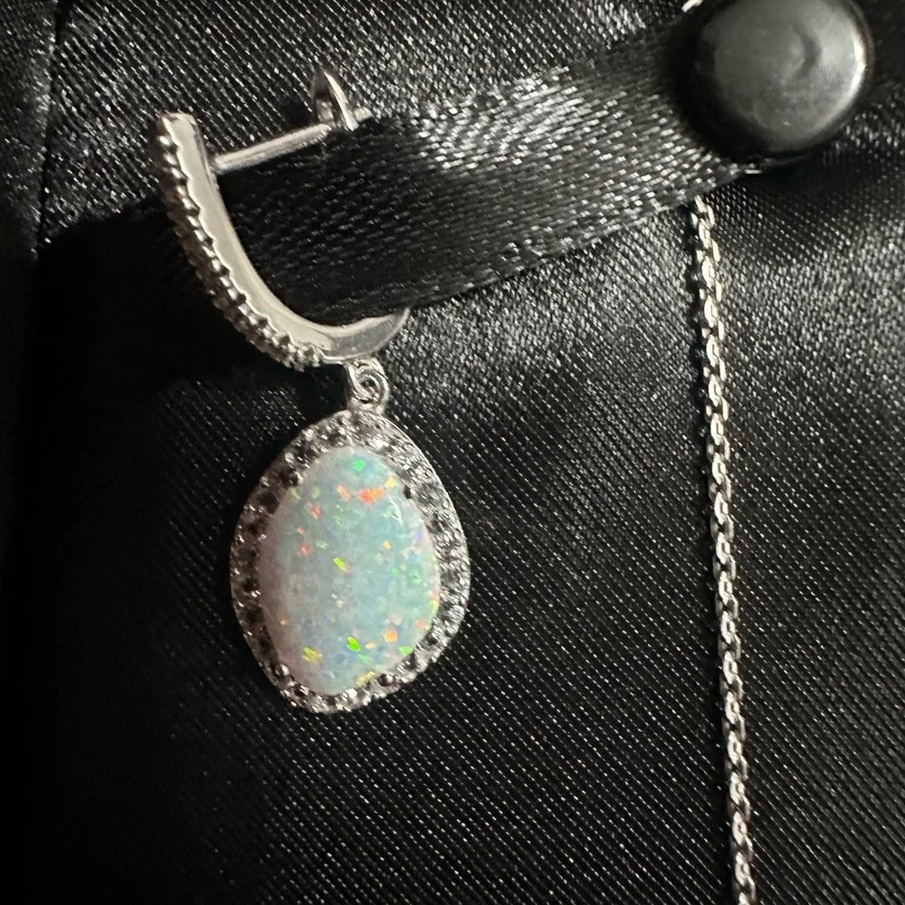 Silver Opal and white Necklace and Earrings Set - Picture 5 of 5
